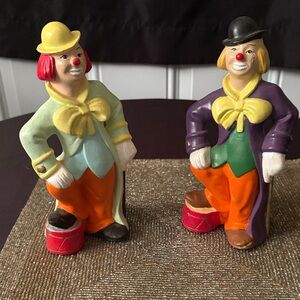 Pair of Colorful Vintage Clown Figurines - Yellow, Orange, Purple